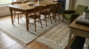 Two matching 100% natural wool rugs in a dining area, highlighting sustainable and budget-friendly flooring options.