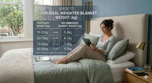 An illustration highlighting the benefits of sustainable bamboo fabric and recycled glass bead fillings in weighted blankets.