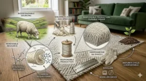 Alt text for a photorealistic infographic diagram illustrating the sustainable lifecycle and natural composition of a pure new wool rug, from grazing sheep to compost, featuring detailed molecular fibre structures and "PURE NEW WOOL" branding.