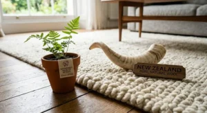 An eco-friendly, sustainable hand-woven New Zealand wool rug with a plush texture, shown alongside a natural horn and a potted fern, with a wooden label reading 'NEW ZEALAND PURE, NATURAL WOOL' and a tag indicating bio-based, compostable fibres.