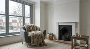 A thick, shaggy faux fur throw in a warm taupe shade, designed for extra warmth during British winter months.