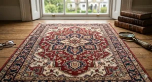 A classic red and navy oriental-patterned wool rug on a wooden floor, featuring traditional British study decor and antique books.