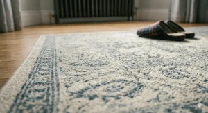 High-detail view of a traditional blue and cream rug pattern, perfect for adding a premium look to a budget-friendly home.
