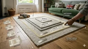 Alt text for a photorealistic infographic diagram illustrating the standard UK wool rug sizes (240x300cm, 160x230cm, 120x170cm, 60x90cm) as a layered stack, with corresponding furniture placement icons and approximate feet/inches, complete with "PURE NEW WOOL" branding and a pair of woollen socks on the textured grey herringbone surface.