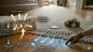 Alt text for a photorealistic infographic demonstrating the natural thermal insulation of a thick pure new wool rug, contrasting a cold 12°C draughty floor with a warm 22°C insulated section complete with the "PURE NEW WOOL" metal plaque and woollen socks.