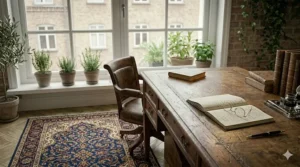 An elegant Oriental area rug shown in a minimalist room, highlighting high-quality design at an affordable price under one hundred and fifty pounds.