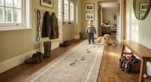 A pair of wellington boots on a small washable rug near a back door, highlighting its use in high-traffic zones.