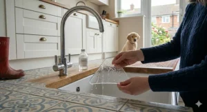 A person rinsing a clear, reusable adhesive rug gripper under a kitchen tap to restore its stickiness for use on a kitchen rug.