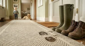A contemporary washable rug used in a home office to protect floors from rolling desk chairs.