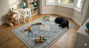 A colourful and durable machine washable rug flat on a polished oak wood floor in a sunlit British children's bedroom, surrounded by wooden toys, a bookshelf, and a sleeping black Labrador retriever.