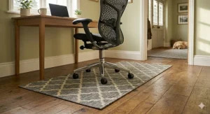 A folded area rug being placed into a standard UK front-loading washing machine for easy maintenance.