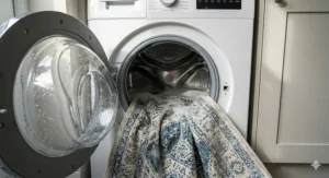 A close-up, high-definition 4K photograph looking into a wet, front-loading washing machine drum as a blue and cream patterned area rug is being gently washed, with suds and water texture clearly visible under natural daylight.