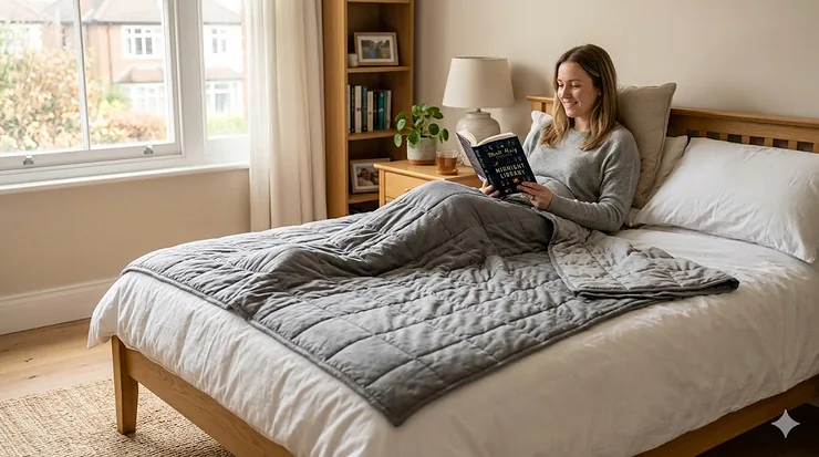 A woman reading in a cosy bedroom under a 6.8kg grey weighted blanket. weighted blanket 6.8kg