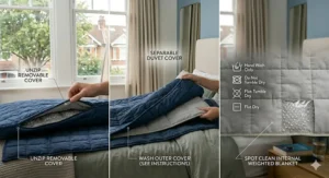 A person on a bed experiencing the calming deep pressure touch and anxiety-reducing benefits of a weighted blanket.