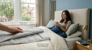 A guide showing the ideal weighted blanket weight in kilograms based on body weight for UK adults.