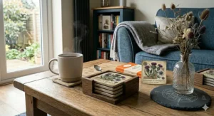 Hand-painted ceramic coasters with a vibrant floral pattern, protecting a dark oak dining table.
