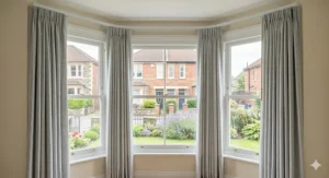 A pristine, completed installation of a white curtain track with neatly hung grey linen curtains in a classic three-sided bay window of a typical British semi-detached home.