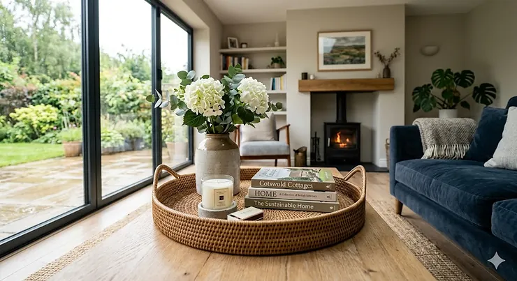 A curated selection of affordable decorative trays under £30 styled elegantly on a living room coffee table with candles and books. decorative trays under £30