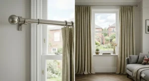 An adjustable extendable curtain pole in antique brass, illustrating how to adjust width without cutting.