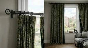 A sturdy, thick diameter black iron curtain pole securely supporting heavy thermal interlined winter curtains.