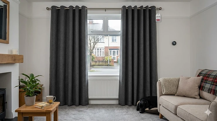 Pair of charcoal grey thermal insulated curtains closed in a cosy UK living room, priced under £60 for energy saving. insulated curtains under £60