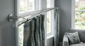 Polished chrome metal curtain pole with minimalist cylinder finials, showcasing sleek modern interior design.
