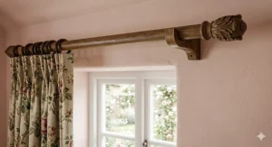 Natural oak wooden curtain pole with classic ball finials installed above a window in a country cottage style home.