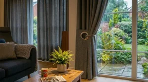 Demonstration of the thick blackout lining on the reverse of a pair of eyelet curtains for total light control.
