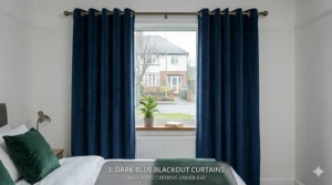 Navy blue blackout and insulated curtains for a bedroom, offering light control and warmth for less than £60.