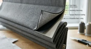 Close-up diagram showing the thermal blackout lining layers of a quality Roman blind.