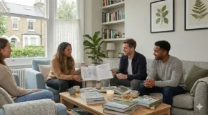 A woman showing an open arts and crafts home design book to friends around a coffee table in a cosy British sitting room.