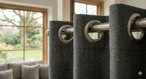 Detailed view of high-quality brushed steel eyelet rings on a grey herringbone-weave curtain header attached to a metal curtain pole.