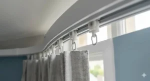 Close-up 4K photorealistic view of a ceiling-mounted bay window curtain track, highlighting the texture of grey linen curtains and small roller gliders moving smoothly along the white track as daylight illuminates the mechanism.