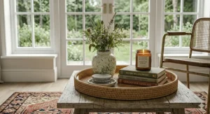 Circular rattan coffee table tray holding a collection of stone coasters, a small green ceramic vase filled with delicate British wildflowers, a burning glass jar candle, and stacked hardcover books on a weathered wood table in front of glass garden doors.