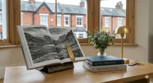 A highly detailed close-up photograph focusing on the foreground items of the coffee table. Critically sharp focus is on the stoneware mug and its PG Tips tag. The grey book, 'THE PHOTO ARCHIVE', is stacked beneath 'COLOR & COMPOSITION'. The other items are present.