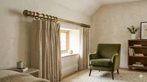 A high-resolution close-up view of the decorative textured brass finials on the end of a matching curtain pole, against a warm plaster wall with linen curtains.