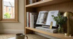 A high-resolution photo of a minimalist oak shelf. A single photography book, 'MINIMALIST STRUCTURES', is prominently displayed on a dedicated brass bookstand. Next to it are other curated books and the glass vase of eucalyptus, bathed in soft, natural daylight.