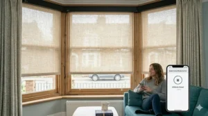 Modern motorised roller blinds being operated via a smartphone app in a contemporary UK apartment.