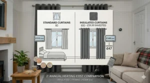 Infographic showing how insulated curtains under £60 help reduce household heating bills in the UK.