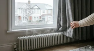 Alt text for image 2: Illustration showing how thermal curtains help reduce energy bills in a British semi-detached house during cold weather.