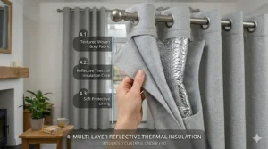 Modern grey eyelet insulated curtains hanging on a wooden pole, a budget-friendly window treatment under £60.