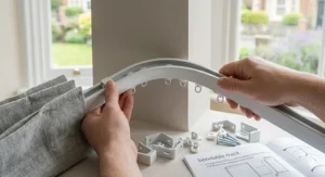 Detailed close-up of a flexible white PVC curtain track being manually bent around a wall corner during installation, showing the track profile, fitting components, and instruction booklet.