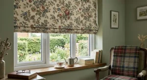 Traditional British floral pattern blackout Roman blinds styled in a classic country cottage living room.