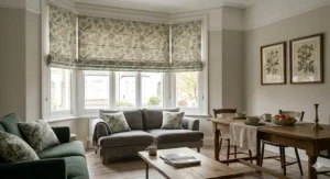 Traditional English country-style floral Roman blinds paired with matching cushions in a cottage dining room.