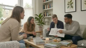 A close-up perspective of friends discussing a large architectural coffee table book laid out on a light wood table with a burning candle.