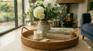 Small matte black decorative tray for holding keys and mail on an entryway console table.