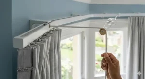 Close-up of a heavy-duty corded bay window curtain track system made of robust white aluminium, showing a hand operating the integrated pull-cord mechanism to draw the grey linen curtains.