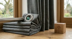 Illustrative guide showing how to measure from a curtain pole for a 90 inch drop, ensuring the curtains skim the floor correctly in a UK home.