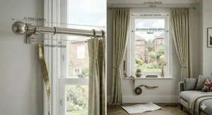 An illustrated diagram explaining how to measure window width to choose the best curtain poles, including bracket and finial clearance.
