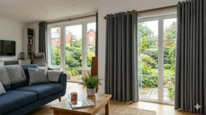 Measurement guide for UK windows showing where to measure from the curtain pole for eyelet headings.